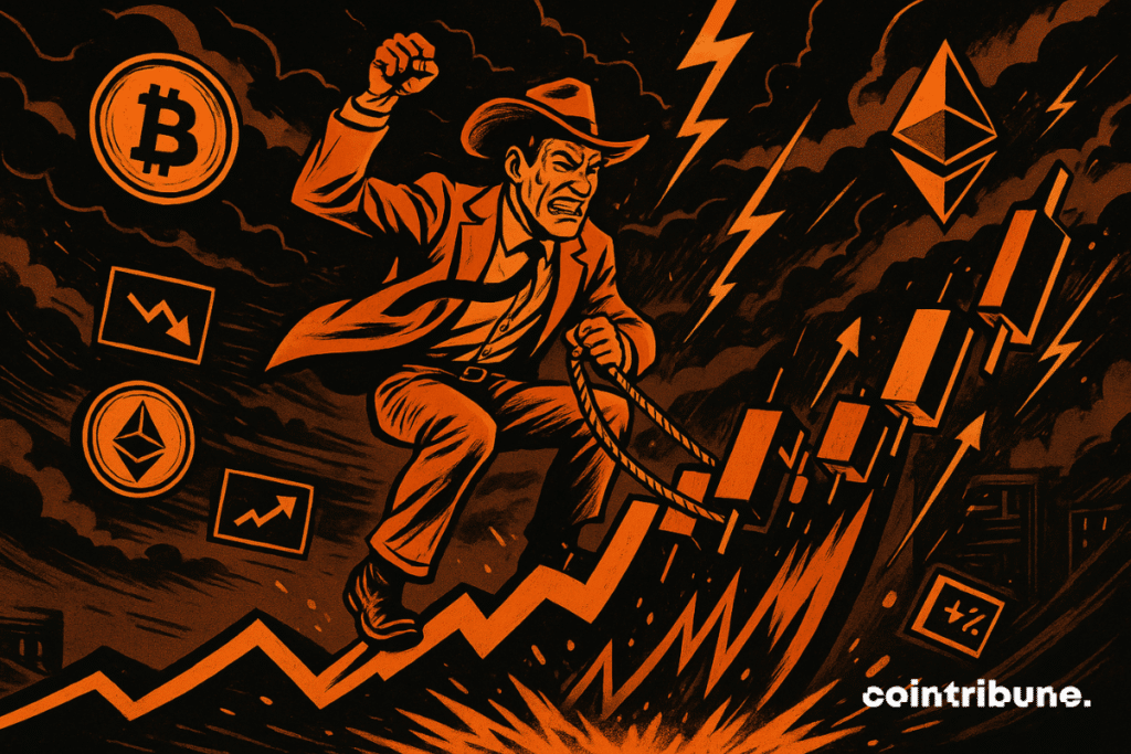 Un trader stylisé façon cow-boy, chevauche littéralement la courbe de prix du Bitcoin et d’Ethereum, telle une monture sauvage. Il tient une main levée, l’autre accrochée à une corde imaginaire autour de la courbe, dans une posture de rodéo.