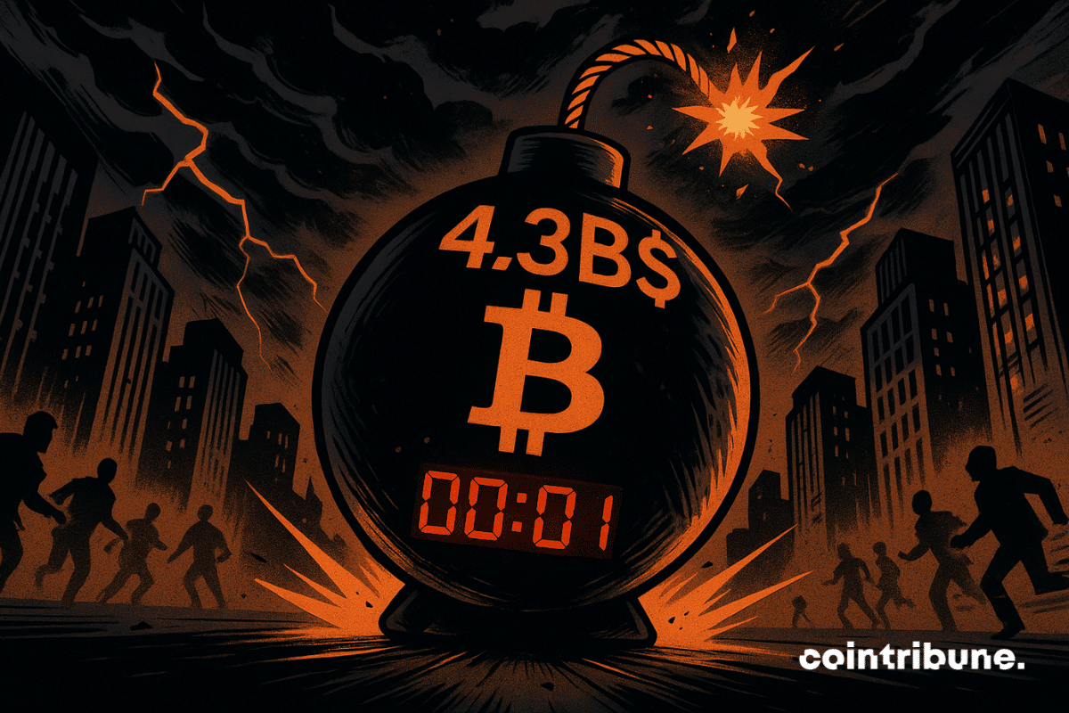 A metallic can is embossed with a bright orange Bitcoin logo, and a countdown timer reads “00:01.” Just above it, in glowing digital numbers, is “$4.3B,” symbolizing the expiration of the options.