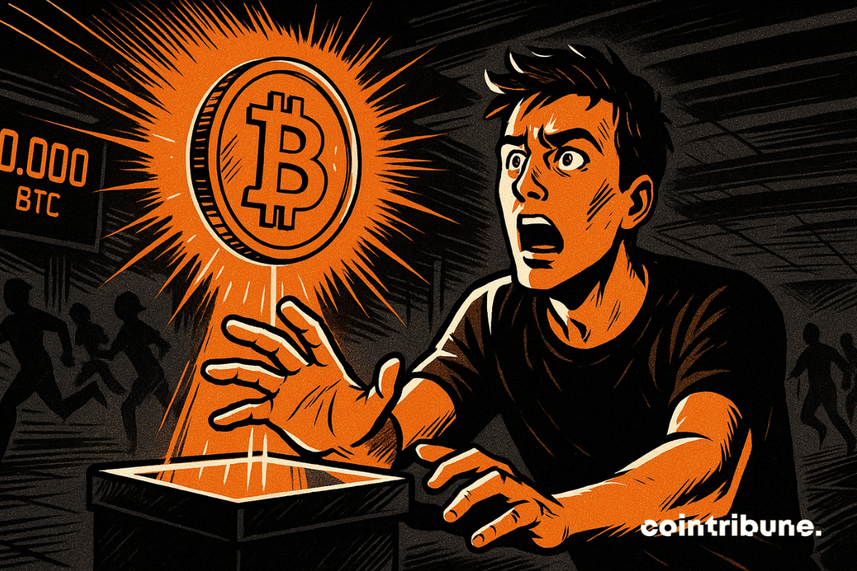 A young investor reaches out for one last Bitcoin floating in the air.