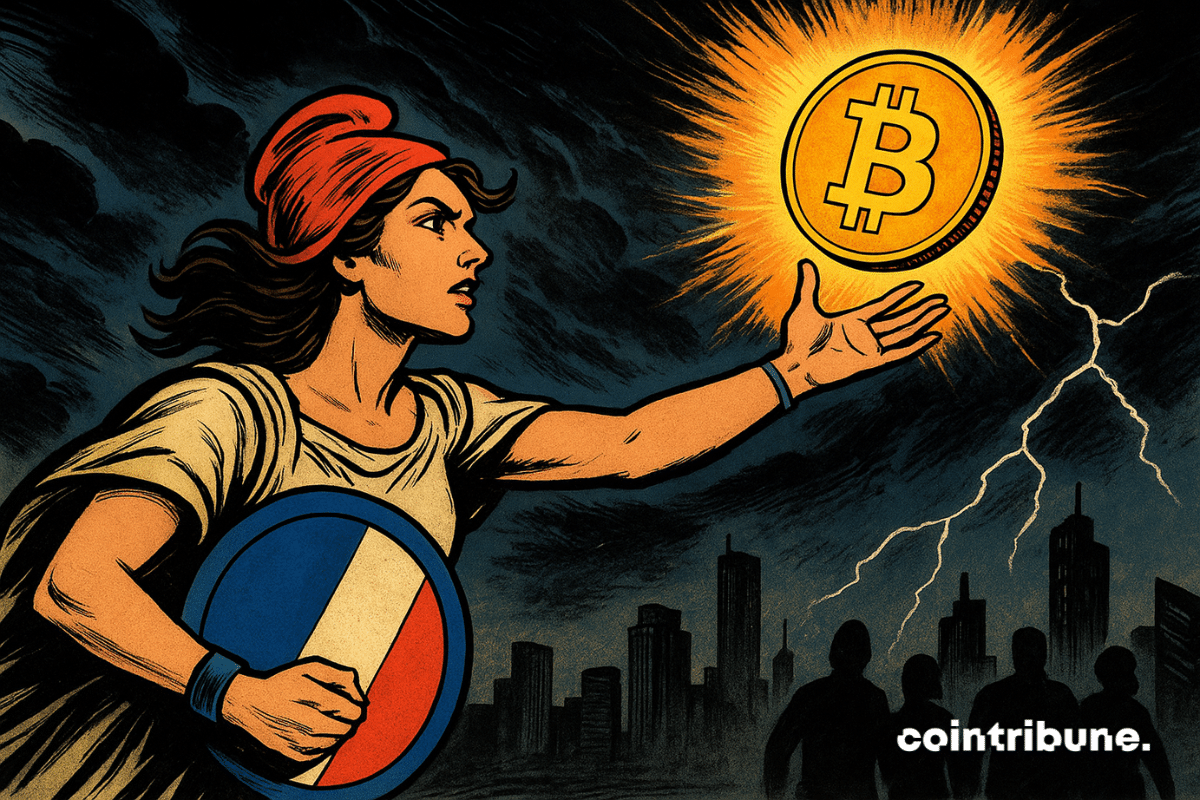 A modern Marianne, heroic and determined, reaches out toward a glowing Bitcoin in a stormy sky, her blue-white-red shield in hand, symbolizing France catching up with the crypto revolution.