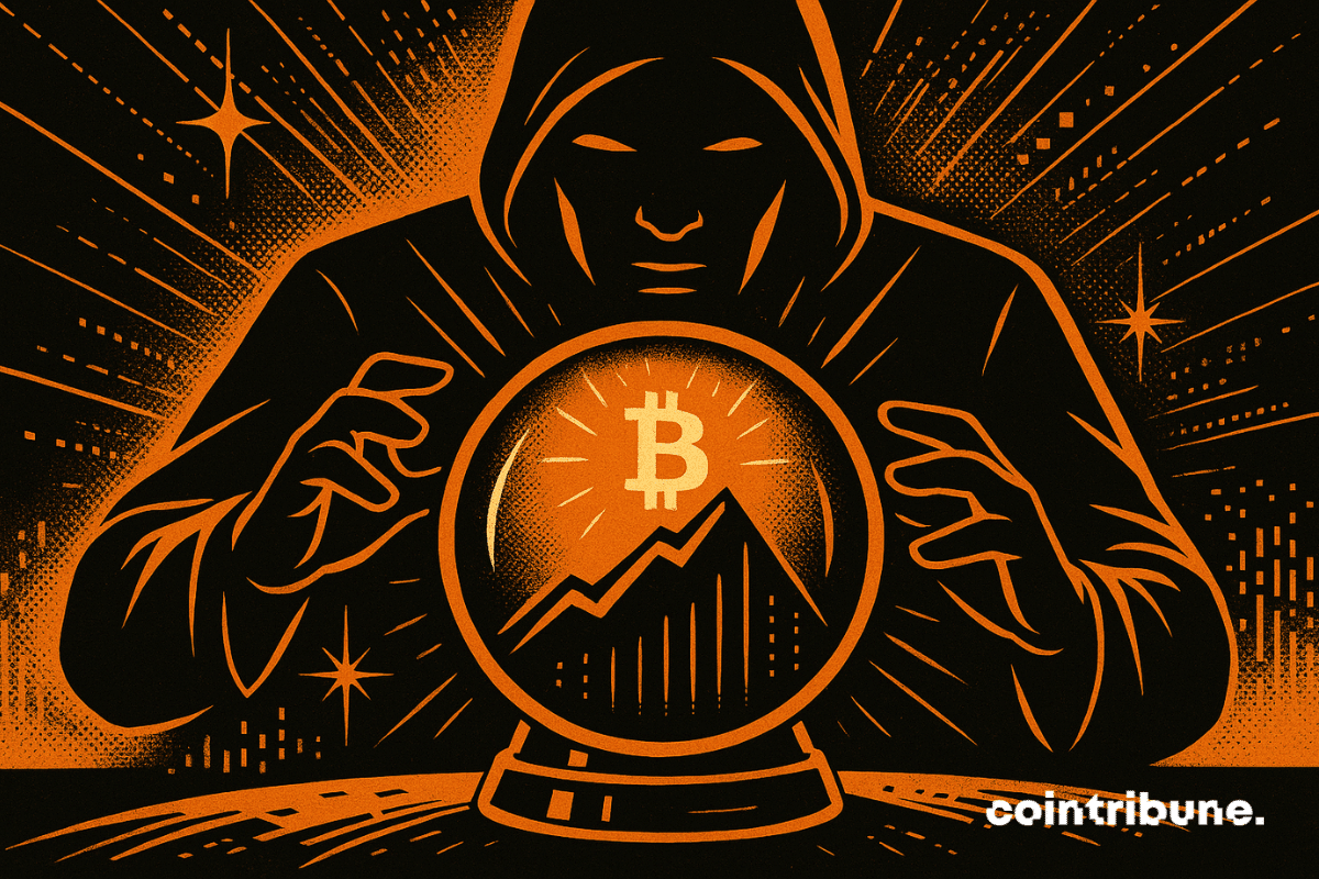 Inside the ball, a glowing Bitcoin appears atop a stylized bullish mountain chart. A visionary analyst or modern oracle holds the ball carefully, as if revealing the future.