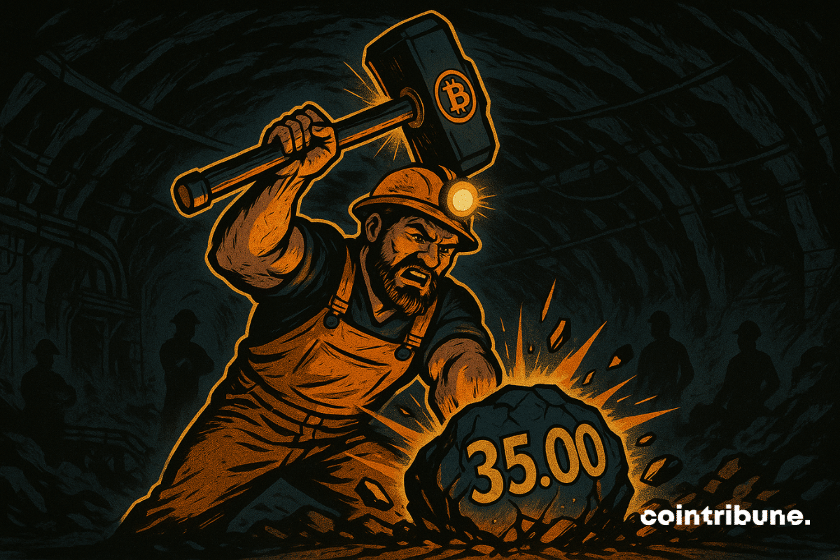 Um especialista em mineração de Bitcoin segura um martelo gigantesco com as duas mãos, pronto para desferir o golpe. À sua frente, uma rocha maciça, rachada, marcada com uma gravação estilizada: "35.00". Ela representa as taxas de transação. A rocha se despedaça e estilhaços voam para todos os lados.