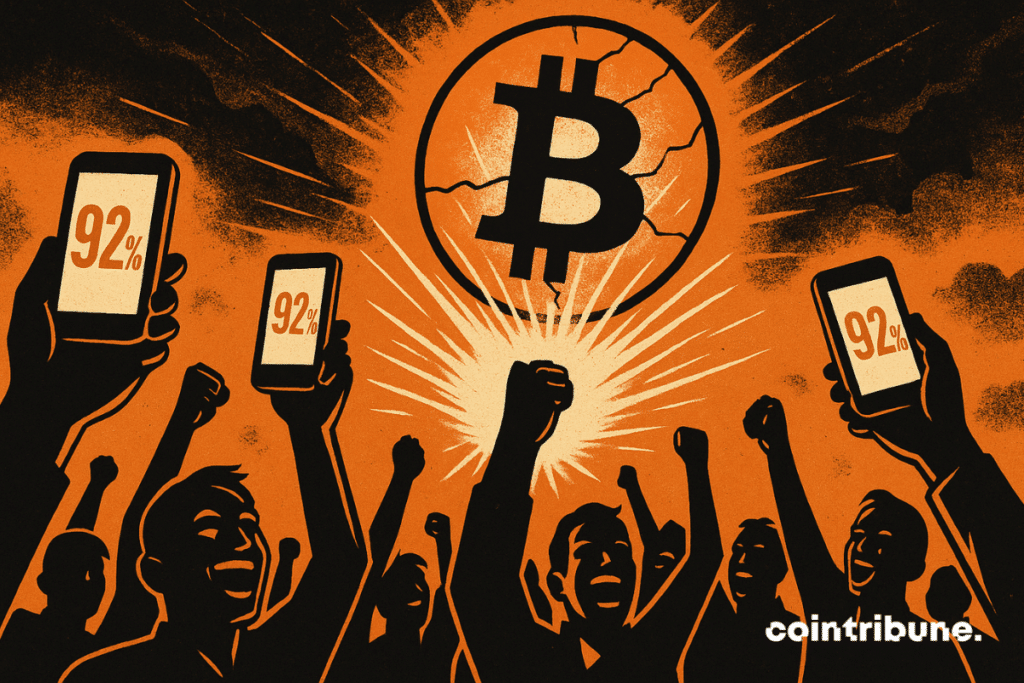 A crowd of investors holds up smartphones to the sky, their screens glowing with the figure of 92% profit. Behind the crowd, a massive Bitcoin coin glows in the sky.