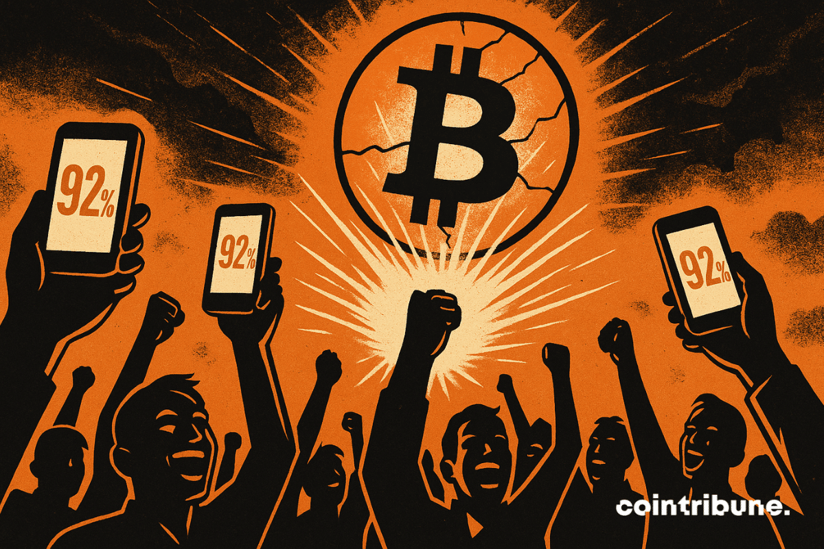 A crowd of investors holds up smartphones to the sky, their screens glowing with the figure of 92% profit. Behind the crowd, a massive Bitcoin coin glows in the sky.