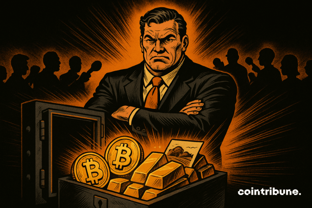 Um homem corpulento, estilo empresário, usando terno preto e gravata laranja. Ele personifica o Tether. Ao seu lado, um baú aberto transborda com Bitcoins brilhantes, barras de ouro reluzentes e um pergaminho estilizado representando um terreno.