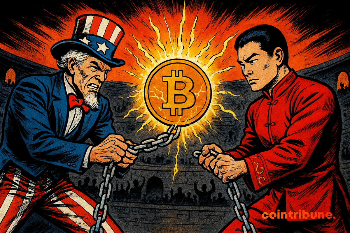 Two iconic figures – Uncle Sam and a Chinese representative in red – face off in an ancient arena, each pulling a heavy chain connected to a giant electrified Bitcoin, illuminated by an explosive orange halo.