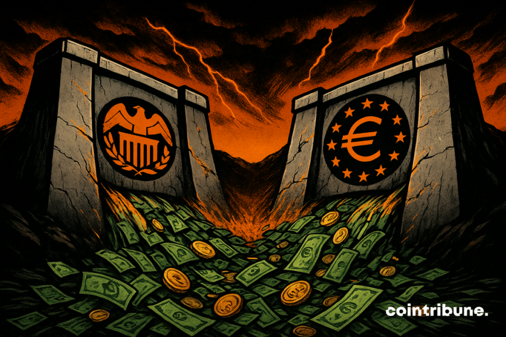 Dos inmensas presas, una con el sello de la Reserva Federal y la otra con el logotipo del BCE, se resquebrajan bajo la enorme presión. Tras ellas, un cielo tormentoso, naranja y negro, se ilumina, mientras torrentes de billetes verdes y monedas de oro comienzan a fluir hacia adelante.