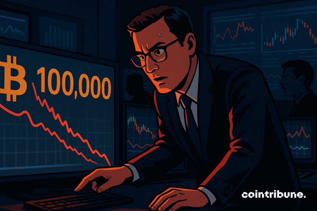 Analista observa cómo el gráfico de Bitcoin cae por debajo de los 0,000 en una tensa escena en la sala de control.