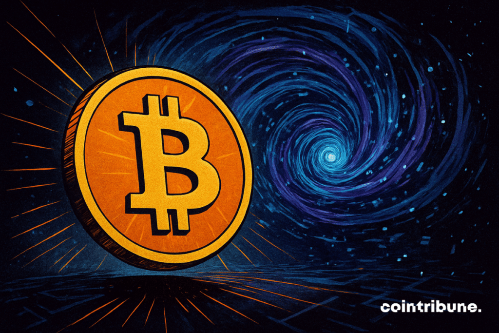 A glowing Bitcoin coin floats in the foreground, radiating bright orange rays, while a blue-violet quantum vortex swirls in the background, creating an atmosphere of tension and technological menace.