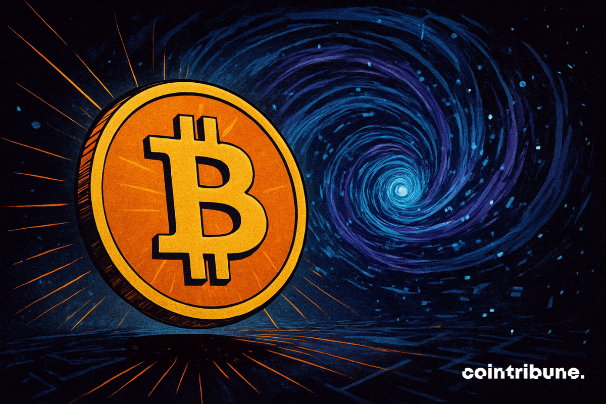 A glowing Bitcoin coin floats in the foreground, radiating bright orange rays, while a blue-violet quantum vortex swirls in the background, creating an atmosphere of tension and technological menace.