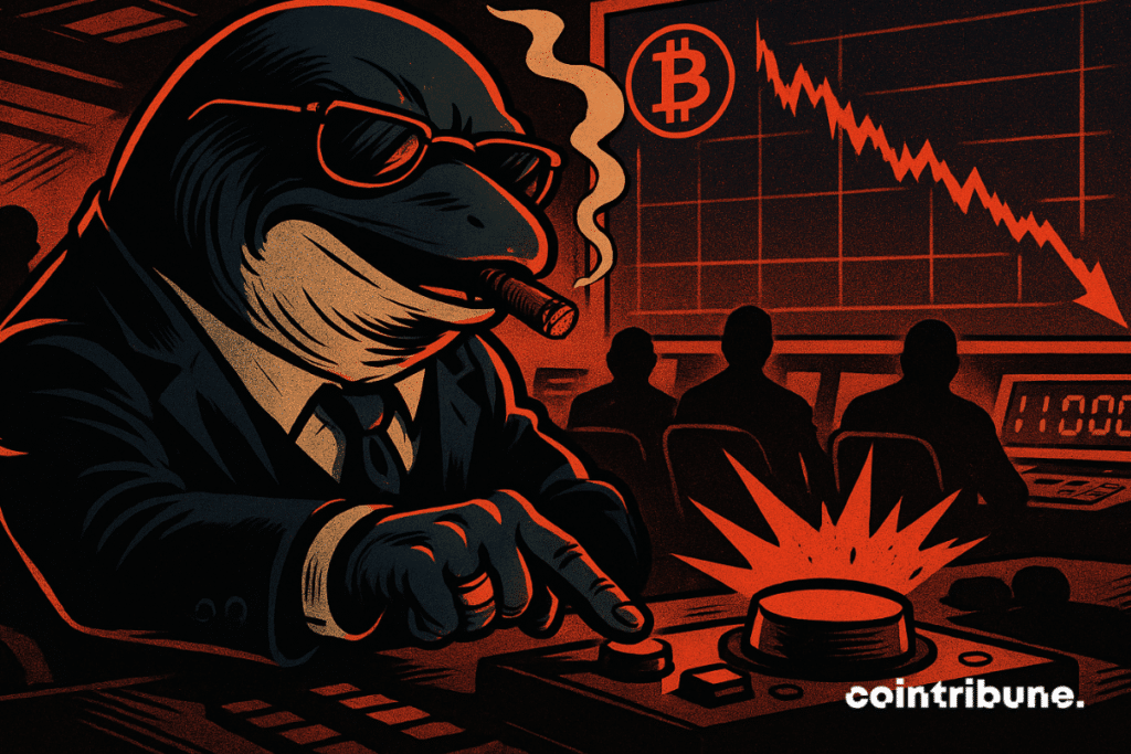 A powerful whale in a suit hits the sell button as Bitcoin’s price crashes on the screen behind.