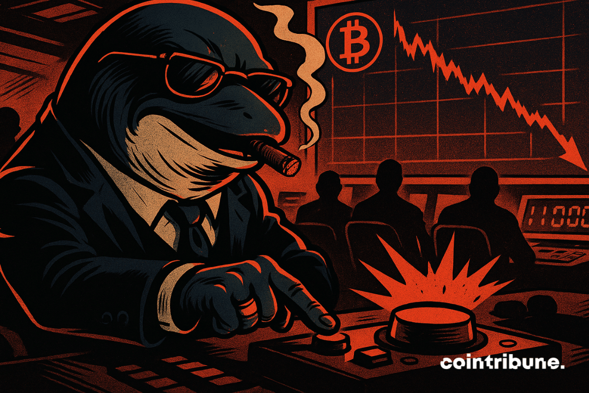 A powerful whale in a suit hits the sell button as Bitcoin’s price crashes on the screen behind.