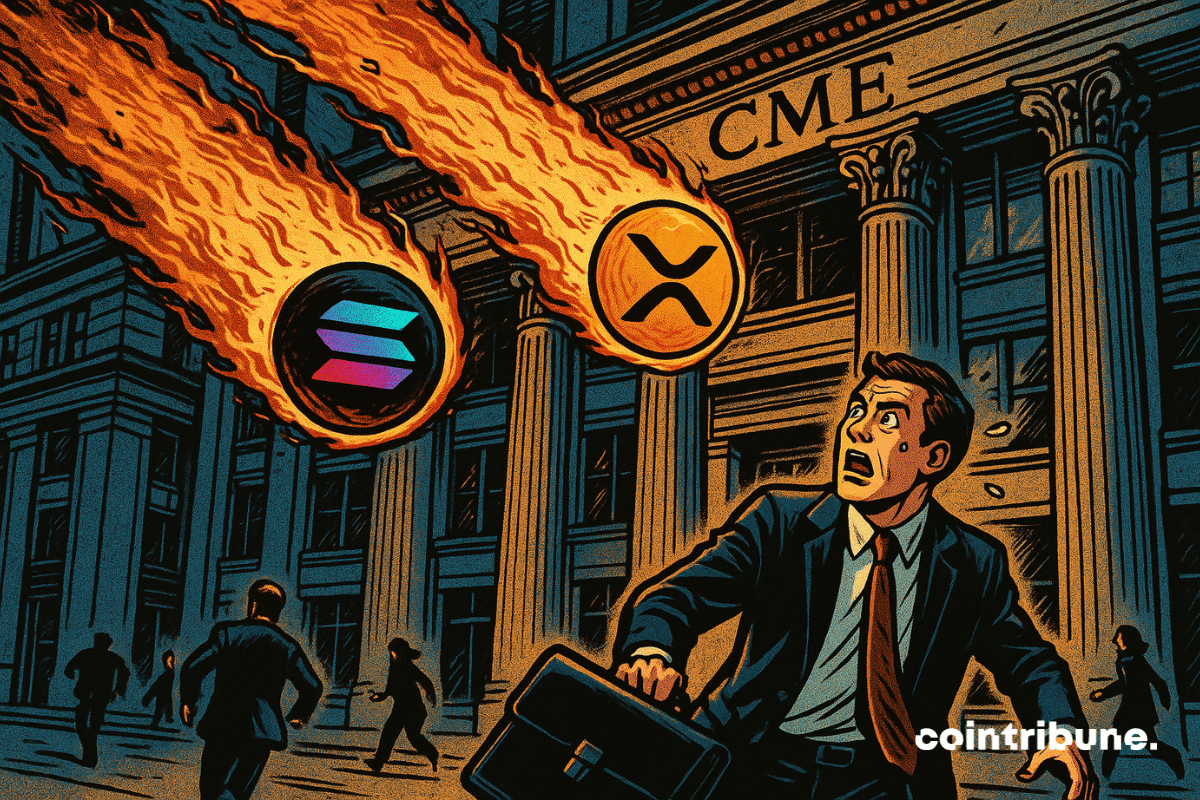 Two fiery meteors, Solana and XRP, are hurtling toward the CME, causing panic among traders in suits.
