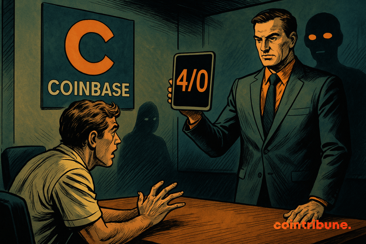 A manager hands a tablet marked “4/10” to a shocked developer, under the threatening gaze of an AI silhouette.