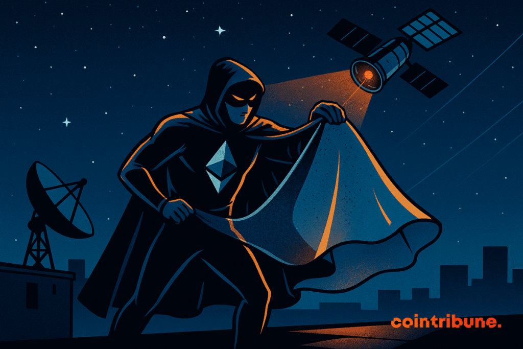 A masked hero, symbol of Ethereum, hides under a cloak in front of a spy satellite in the urban night.