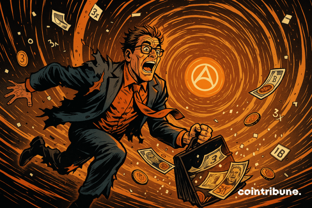 Un hombre en pánico cae en un vórtice naranja, rodeado de billetes, criptomonedas y símbolos digitales, en medio del caos.
