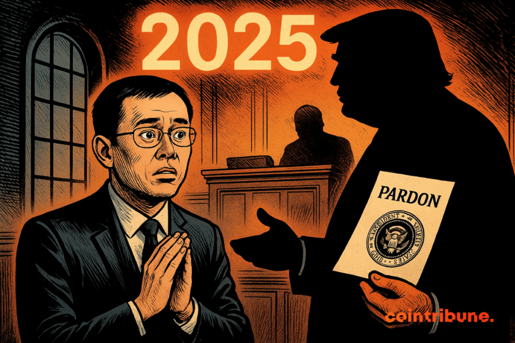 A comic-style courtroom scene shows CZ looking anxious with hands clasped, while Trump’s dark silhouette offers a presidential pardon marked with the seal, under a glowing "2025".