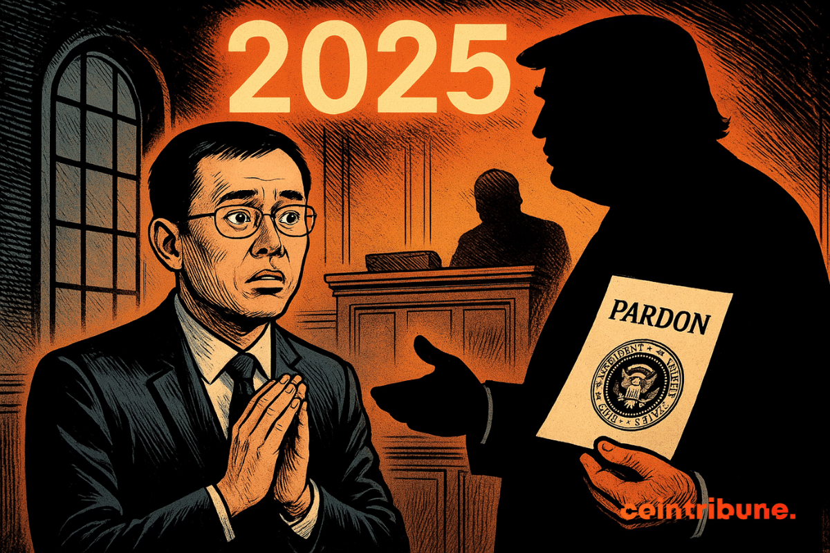 A comic-style courtroom scene shows CZ looking anxious with hands clasped, while Trump’s dark silhouette offers a presidential pardon marked with the seal, under a glowing "2025".