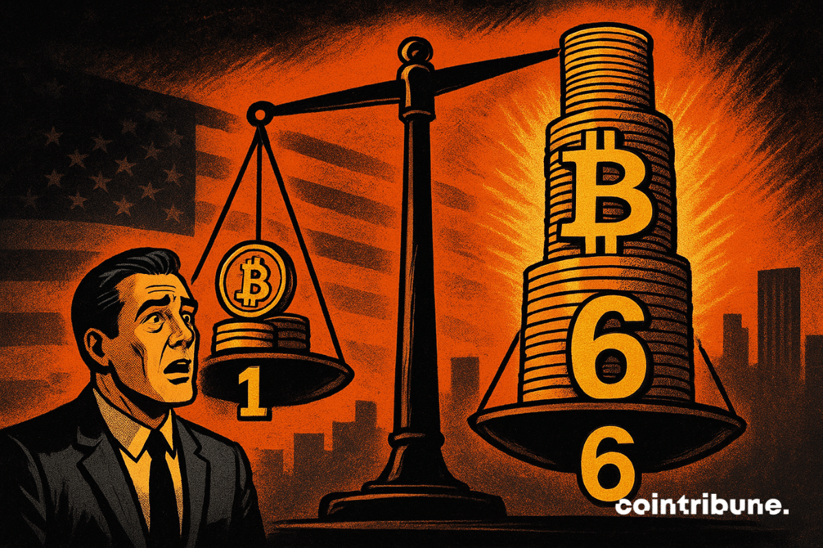 A businessman in a suit looks shocked at an unbalanced scale, where a small stack of Bitcoin labeled “1” is outweighed by a towering stack labeled “6,” glowing in orange light.