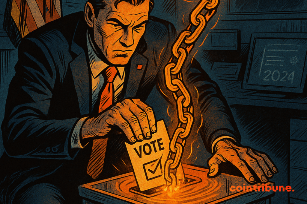 A man inserts his vote into a blockchain ballot box, an orange light chain emerges under institutional surveillance.