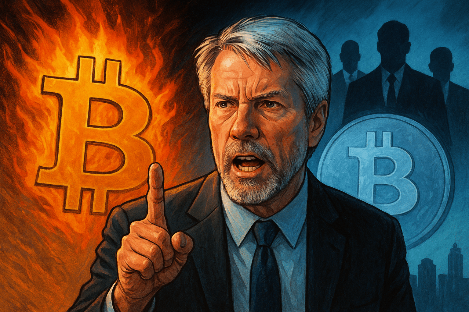 A man in a suit warns urgently, behind him a burning Bitcoin and another frozen, dominated by silhouettes.