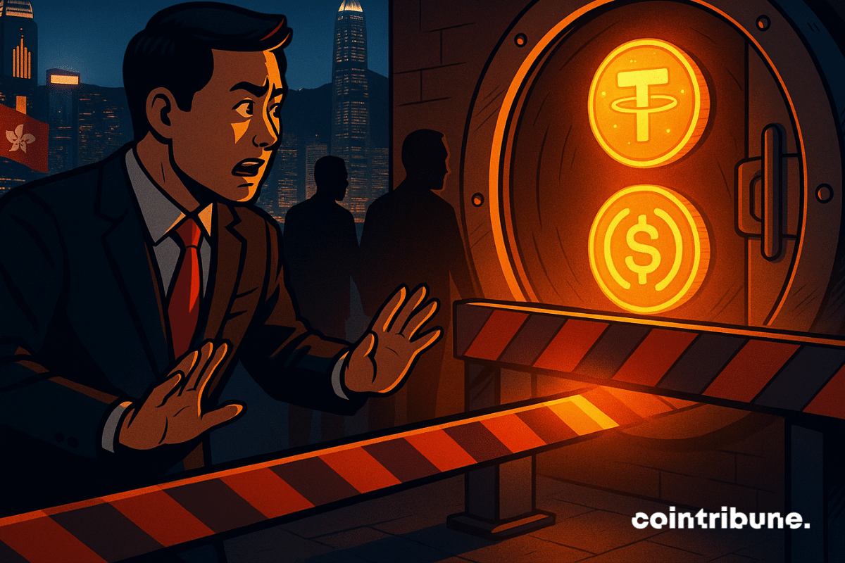 Chinese businessman shocked as barrier blocks access to stablecoin vault in Hong Kong.