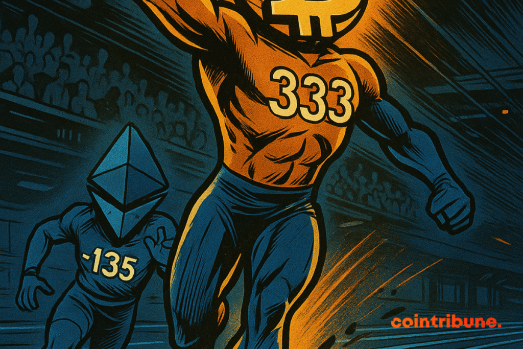 Bitcoin cruza triunfalmente la línea de meta, mientras Ethereum queda en segundo plano, simbolizando los flujos opuestos de ETF.