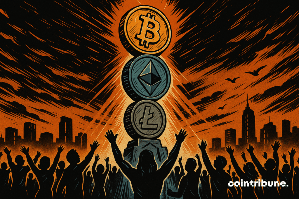 A crowd of human figures in a circle, raising their arms towards a huge totem pole made of stacked crypto coins (Bitcoin on top, Ether second, other cryptos below).