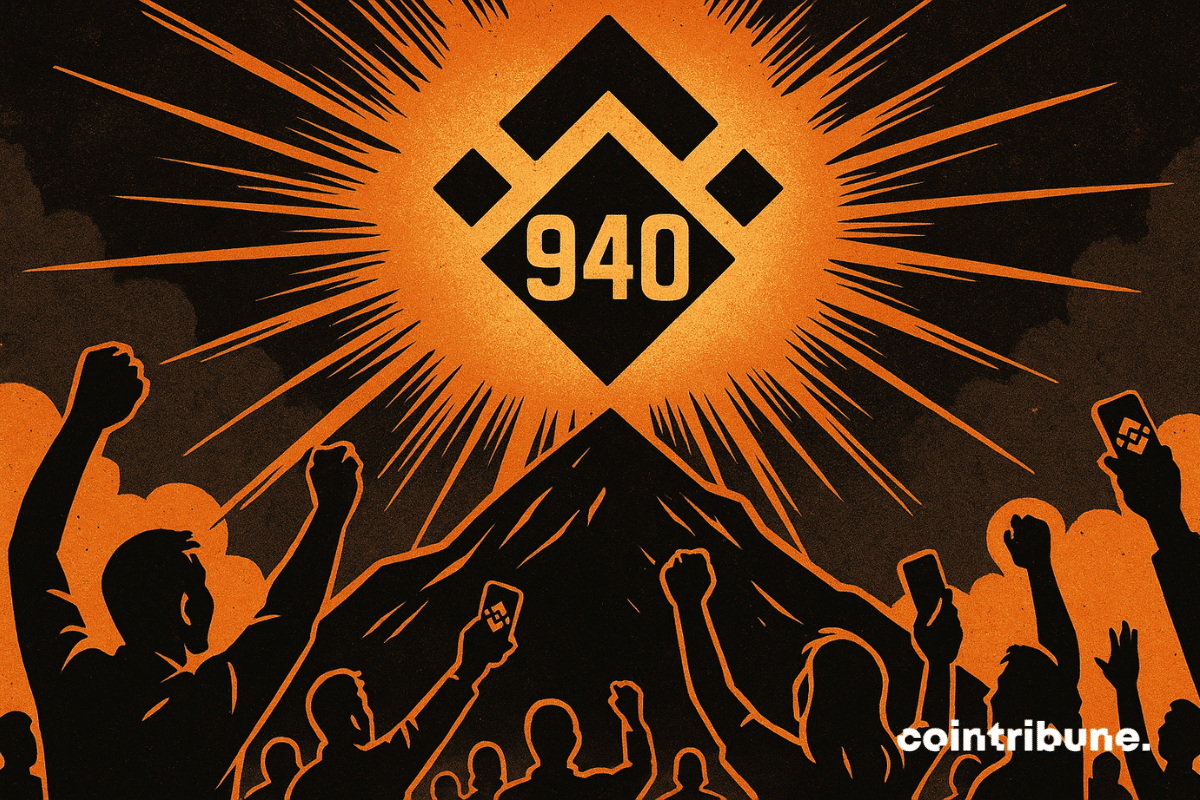 A massive BNB logo, transformed into a blazing sun, dominates the sky, radiating an intense orange light. At the center of this burning symbol, the number 940 glows in luminous digits. A crowd of crypto investors, silhouetted in black, raise their arms and phones toward the sky.