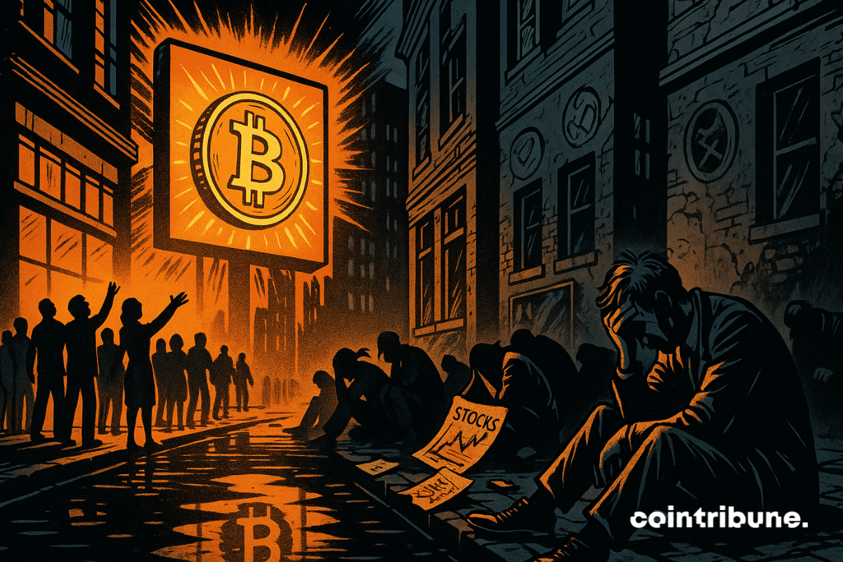 A large glowing sign with the Bitcoin logo, shining in gold/orange. On the left, a joyful crowd looks toward the sign. On the right, pro-crypto figures are collapsed on the ground, holding papers labeled “shares” in their hands.
