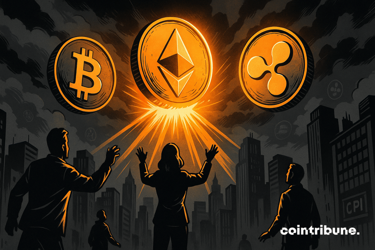 Three massive cryptocurrencies float above the city: Bitcoin (BTC), Ethereum (ETH), and XRP. They first appear dull, in black and white, then gradually regain vibrant orange and gold tones, as if light returns after the CPI is released.