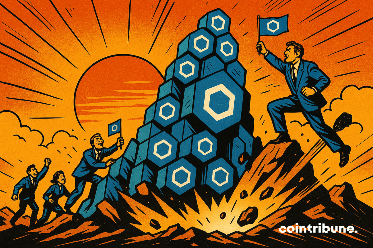 An immense mountain made of Chainlink's hexagonal crypto blocks rises, breaking through the ground. Investors climb it with excitement.