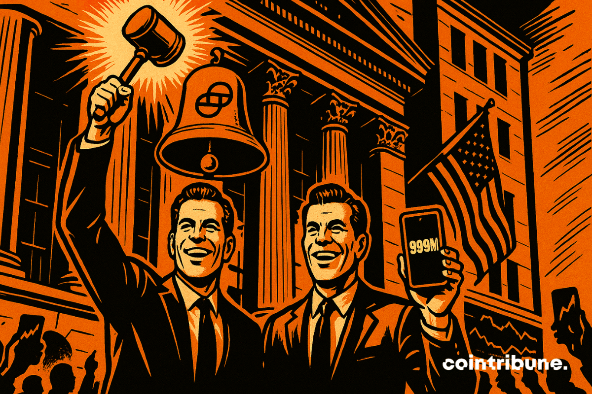 Two twin men, inspired by the Winklevoss brothers of Gemini. One holds a gavel raised high, ready to ring in the start of trading. The other carries a crypto wallet showing an impressive amount in glowing numbers.