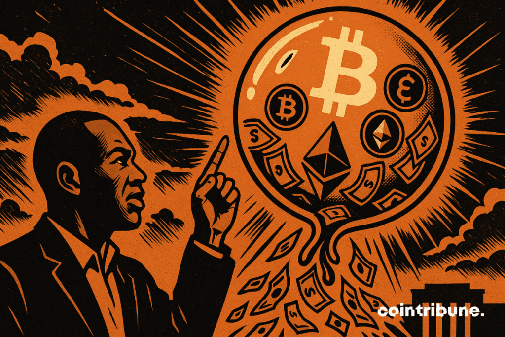 Arthur Hayes stands in the foreground, arm raised, finger pointing toward the sky, in a pose reminiscent of a prophet or a market warning figure. Above him floats a giant translucent bubble. Inside it: glowing Bitcoin and Ethereum logos, surrounded by swirling green bills, as if they were inflating the bubble.