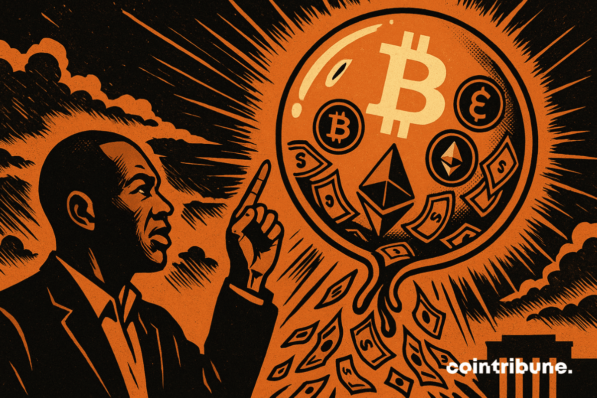 Arthur Hayes stands in the foreground, arm raised, finger pointing toward the sky, in a pose reminiscent of a prophet or a market warning figure. Above him floats a giant translucent bubble. Inside it: glowing Bitcoin and Ethereum logos, surrounded by swirling green bills, as if they were inflating the bubble.