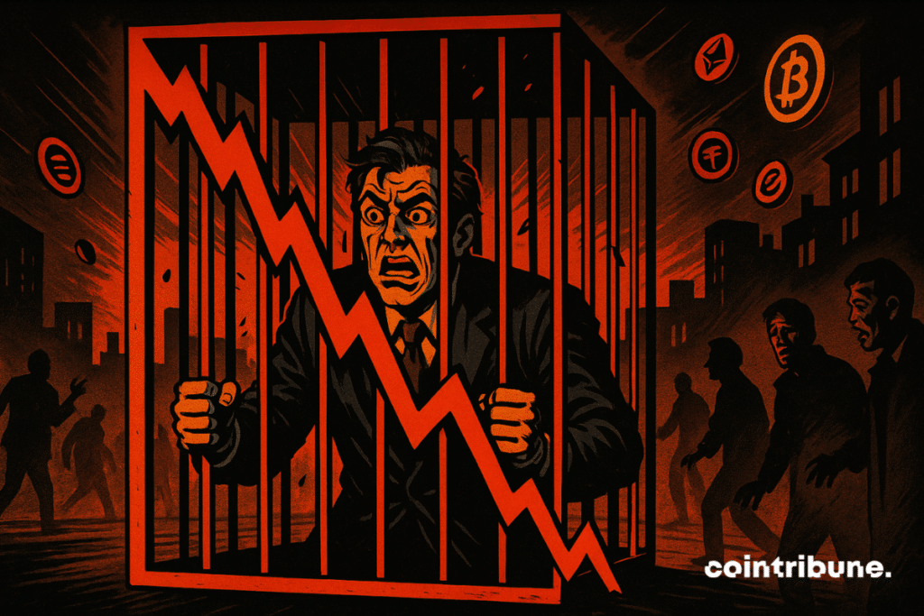 Uma gaiola imponente composta por barras estilizadas como gráficos vermelhos. Um investidor cripto está preso dentro, simbolizando o aprisionamento pelo medo do mercado.