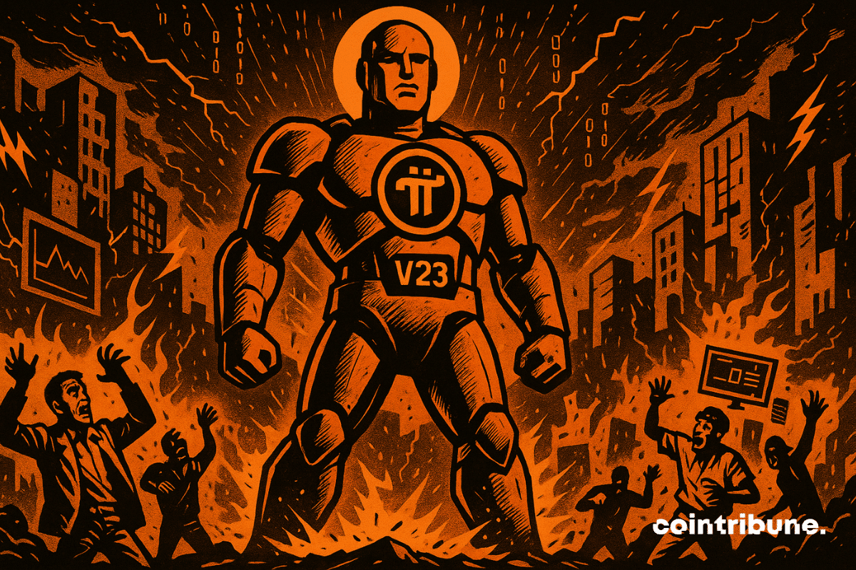 A humanoid colossus clad in shining violet armor, with a large golden Pi cryptocurrency logo embedded on its chest. On its torso, the glowing digits “V23” are inscribed. The figure stares straight ahead, motionless, like a technological marble statue.