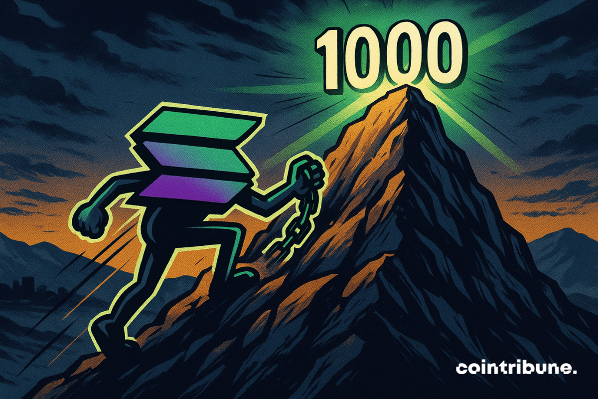 Cryptocurrency Solana, anthropomorphized as an adventurer, climbs a steep mountain. At the summit, the number 1000 appears in giant, glowing letters.