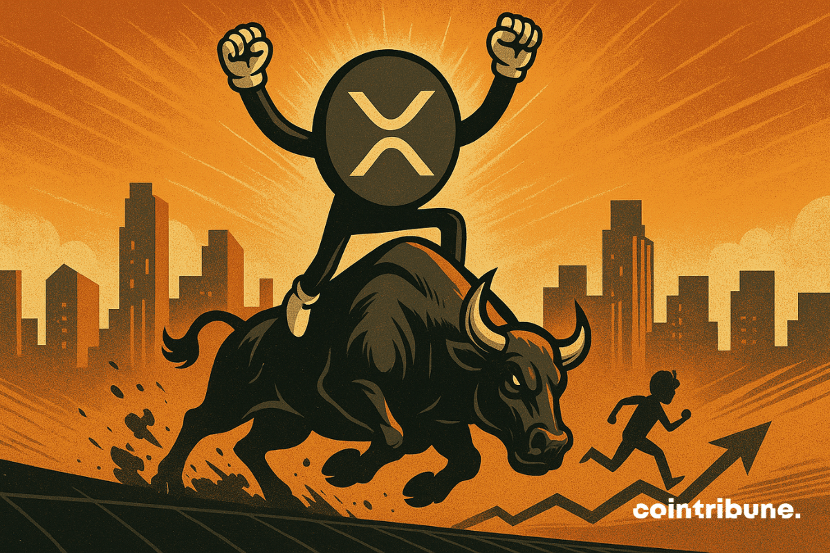 The XRP cryptocurrency, anthropomorphized as a masked vigilante, rides a massive bull in full charge.