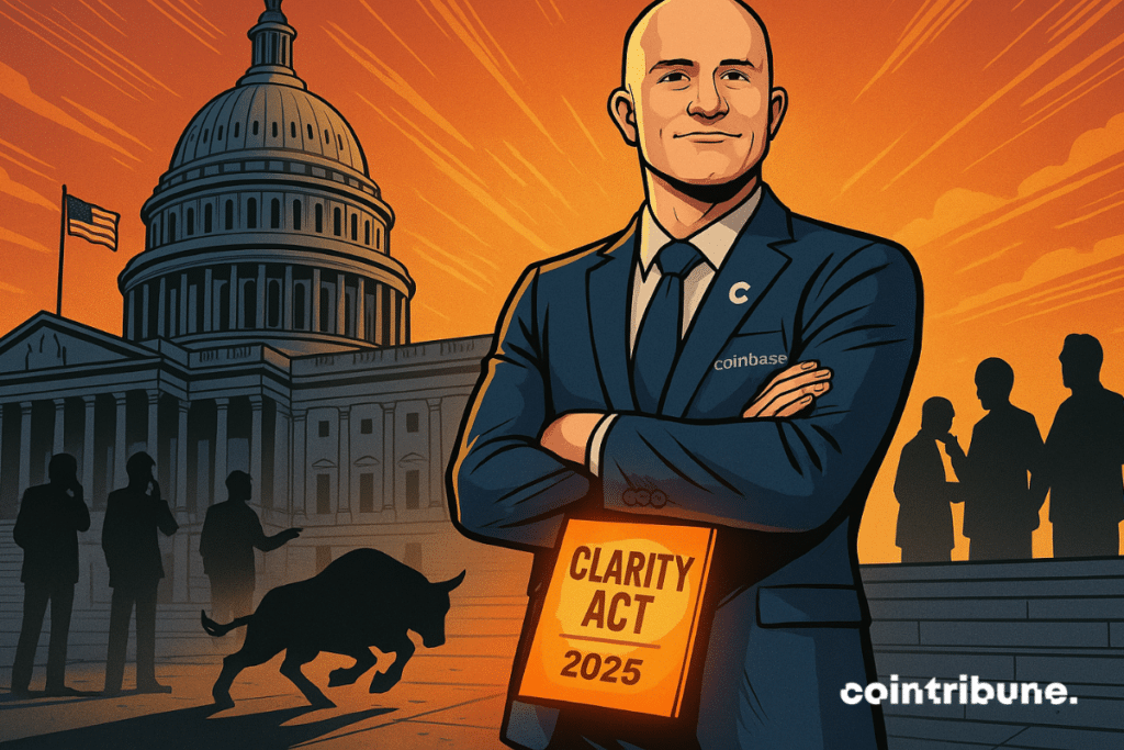 O CEO da Coinbase mantém-se confiante com o Clarity Act, a sombra forma um touro em ataque.