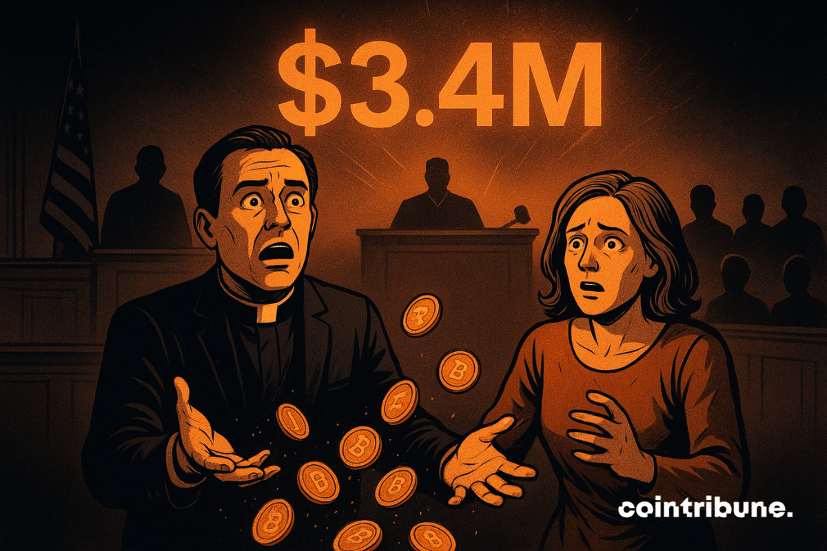 A pastor and his wife in a courtroom look shocked as orange crypto coins spill from their hands under a glowing "$3.4M."
