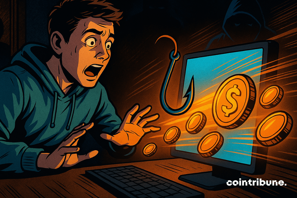 Shocked man sees crypto coins stolen from screen by phishing hook, shadowy hacker in background.