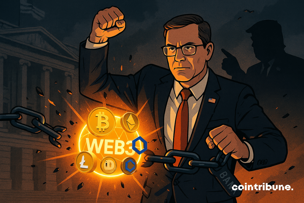 Um homem quebra correntes marcadas com "BANCO" para liberar uma esfera brilhante "Web3" cheia de logotipos de criptomoedas brilhantes.