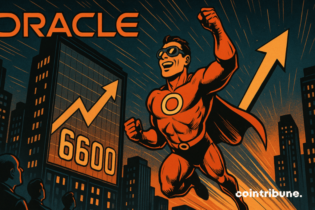 Oracle soars like a superhero, propelled by a rising market, symbolized by the S&P 500 at 6,600.