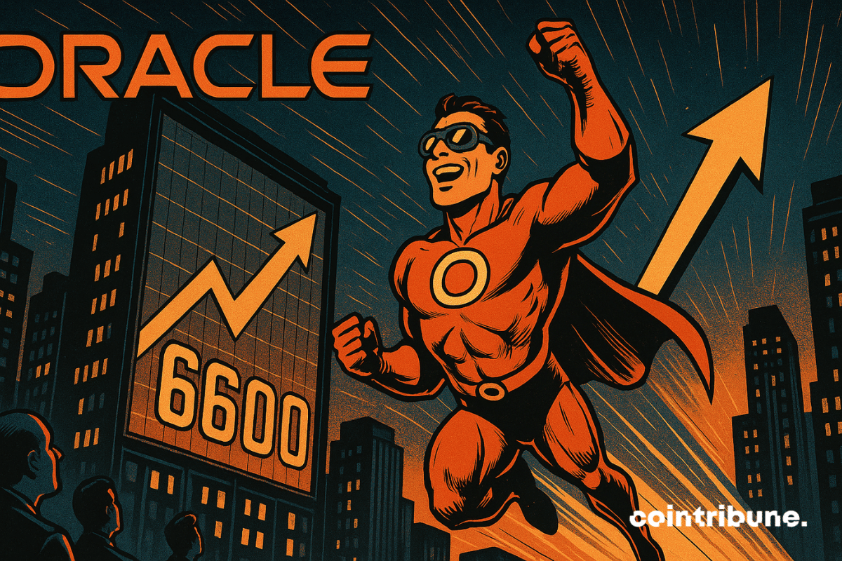 Oracle soars like a superhero, propelled by a rising market, symbolized by the S&P 500 at 6,600.