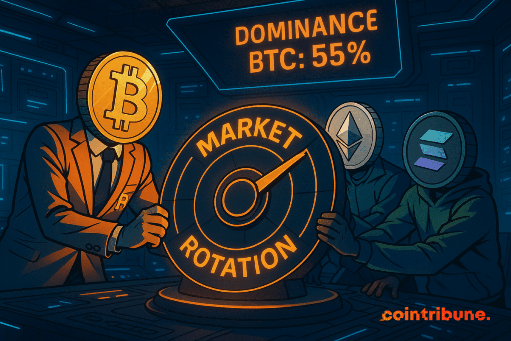 Bitcoin perd le contrôle d’un cadran lumineux, tandis qu’Ethereum et Solana interviennent, illustrant la baisse de sa domination.