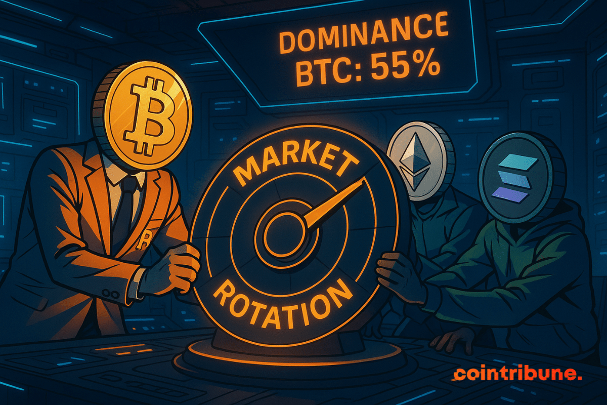 Bitcoin perd le contrôle d’un cadran lumineux, tandis qu’Ethereum et Solana interviennent, illustrant la baisse de sa domination.