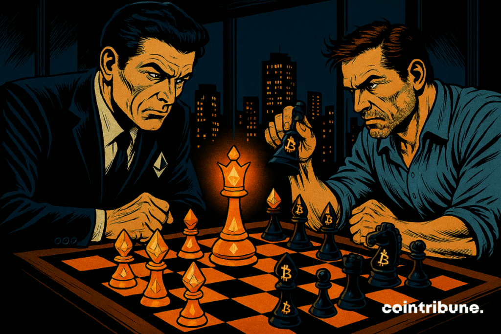Deux hommes s’affrontent aux échecs dans une tour sombre, Ethereum contre Bitcoin, tension palpable, reine orange illuminée au centre.