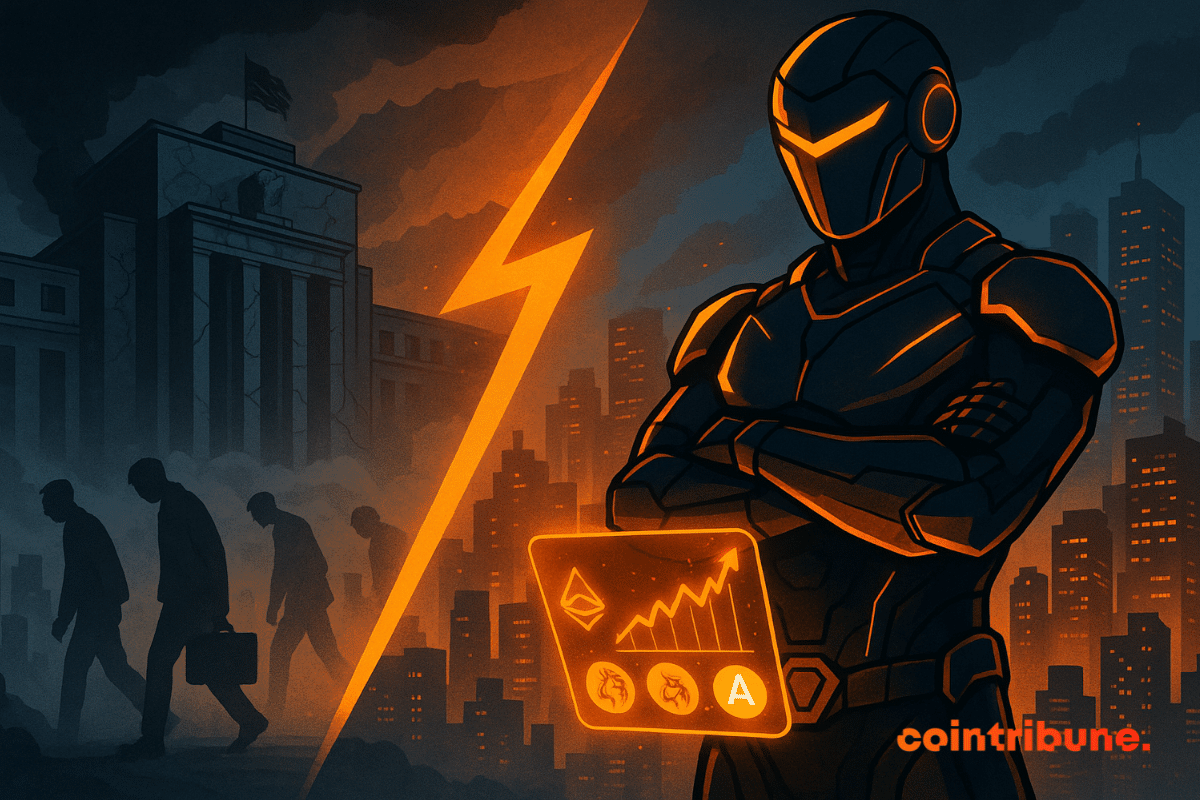 DeFi warrior with rising chart stands over collapsing financial system and gloomy workers.