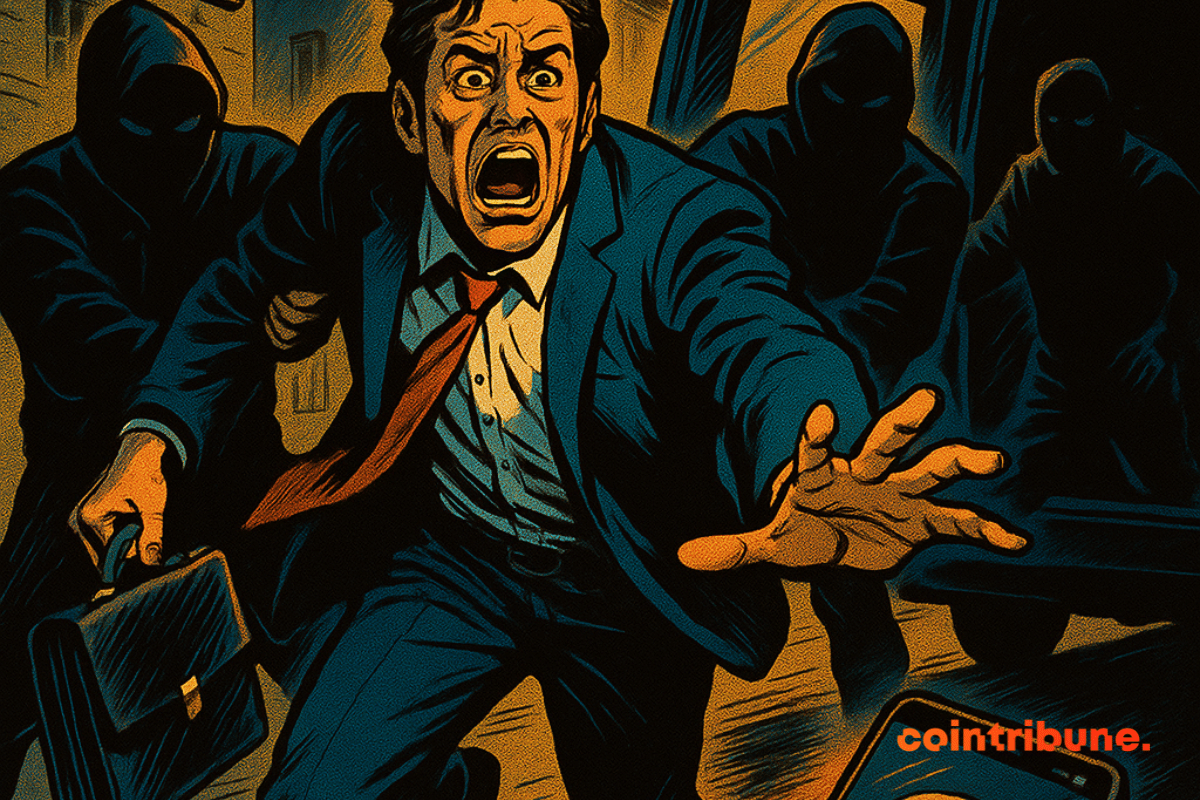 Scène dramatique d’un CEO crypto enlevé en pleine rue, traîné vers un van, smartphone affichant 2,3M.